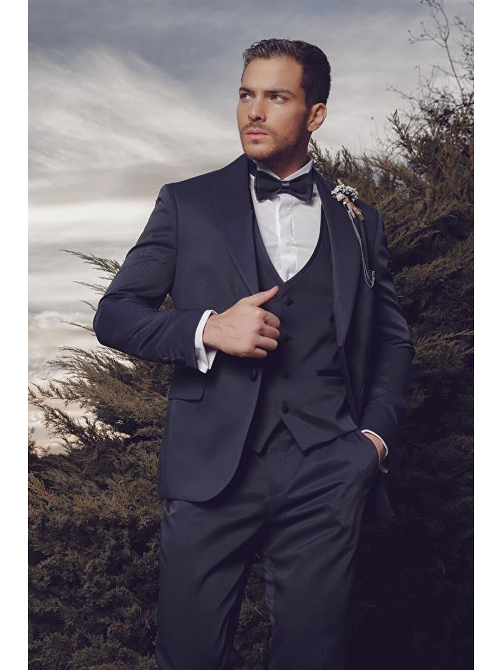 Koyu Lacivert Armürlü Mono Yaka Astarlı Yelekli 6 Drop Slim Fit Smokin Damatlık 1001220205