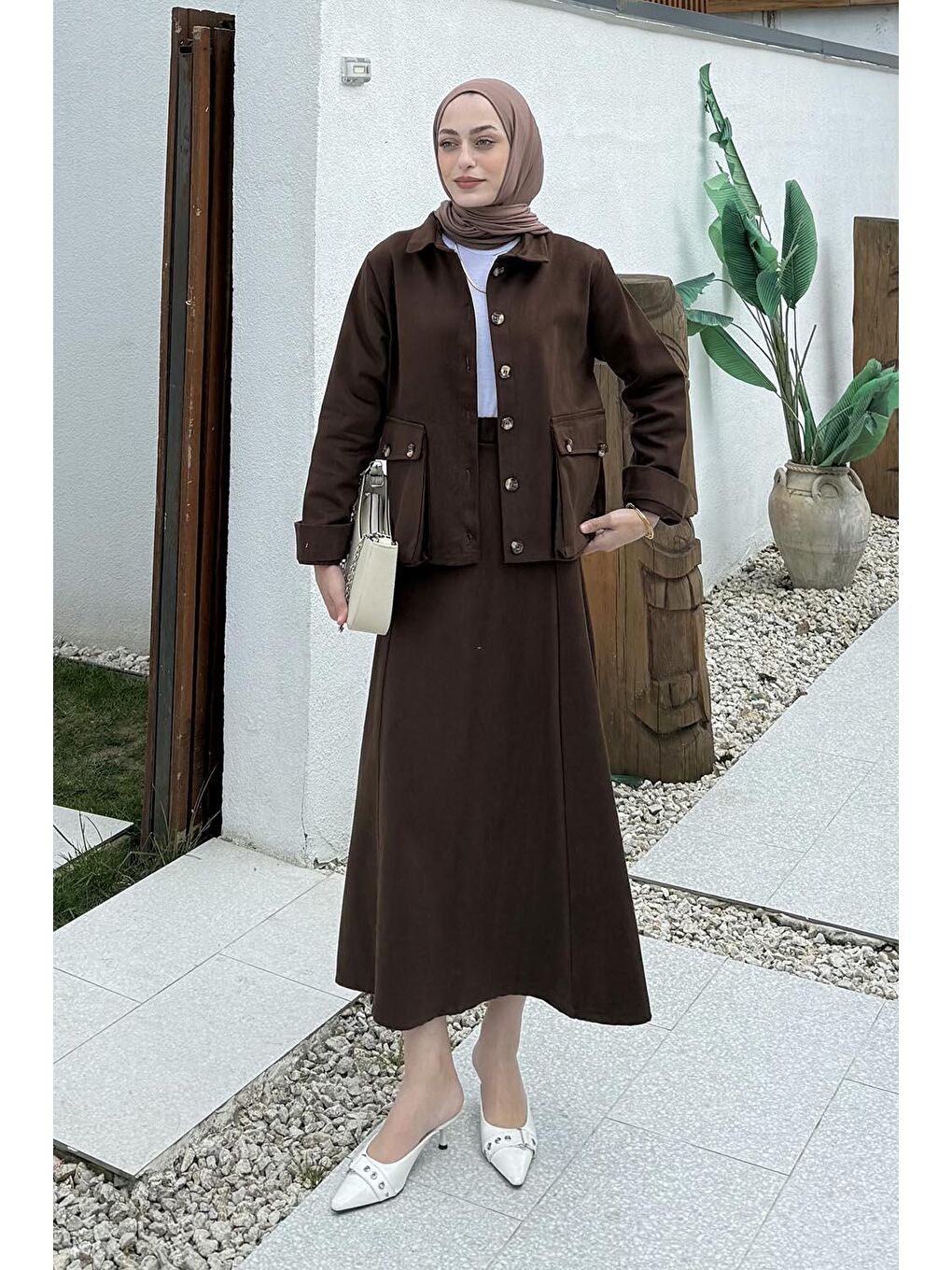 Cep Detaylı İkili Etek Tesettür Takım Acı Kahverengi-2