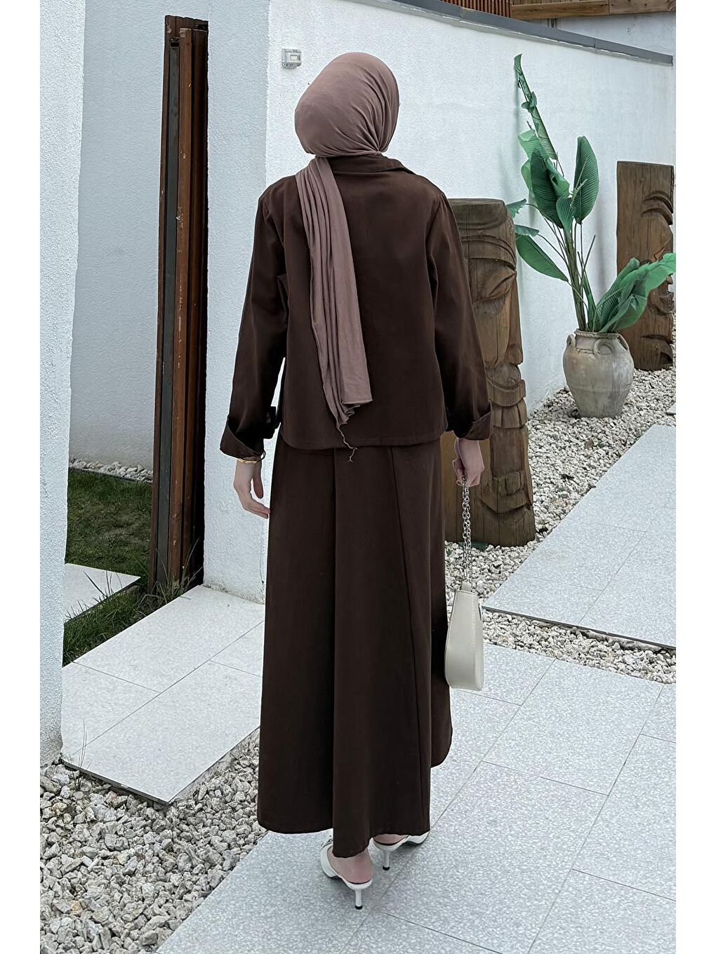 Cep Detaylı İkili Etek Tesettür Takım Acı Kahverengi-3