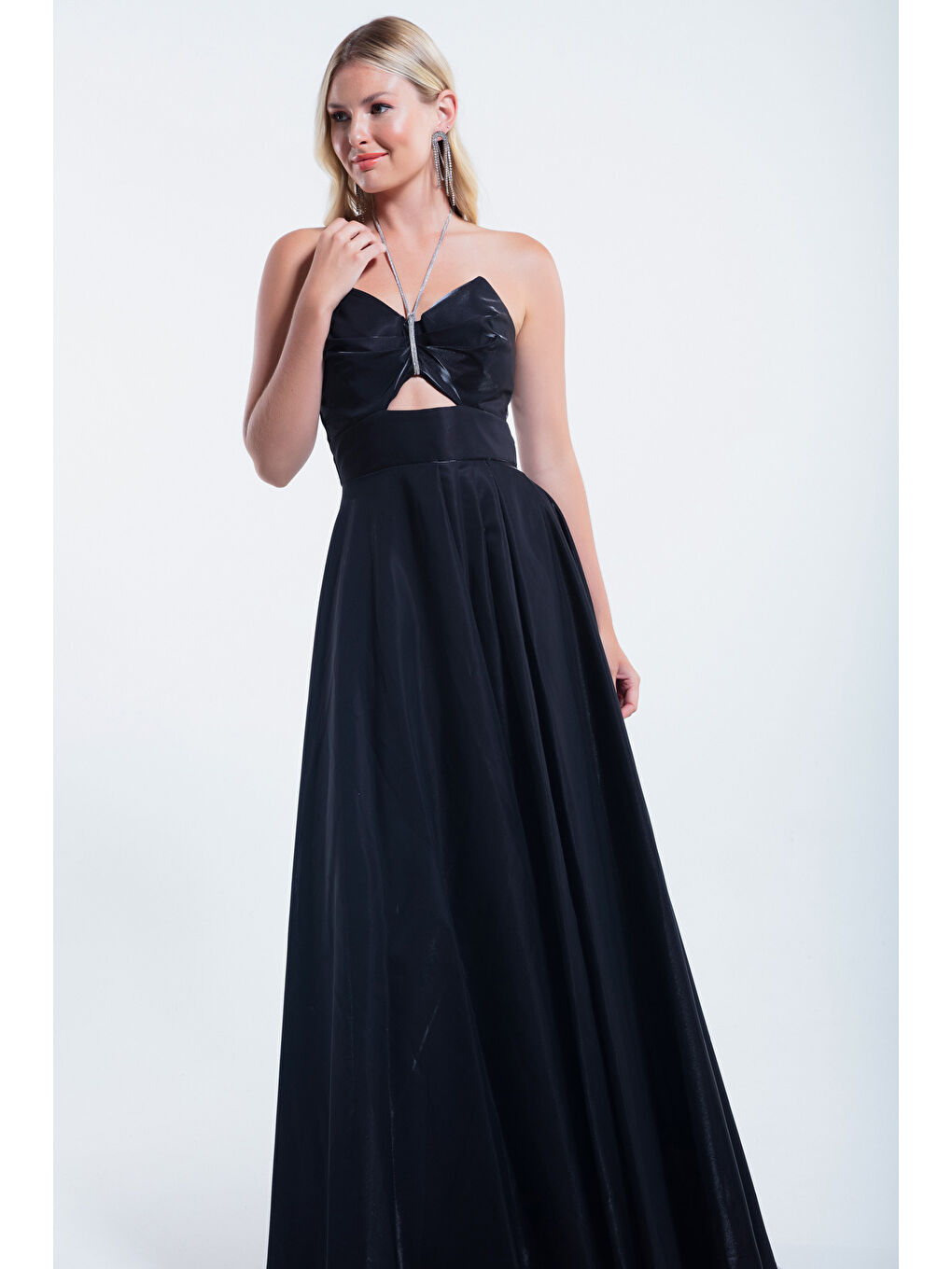 Kadın Siyah Taş Askılı Uzun Abiye Elbise-2