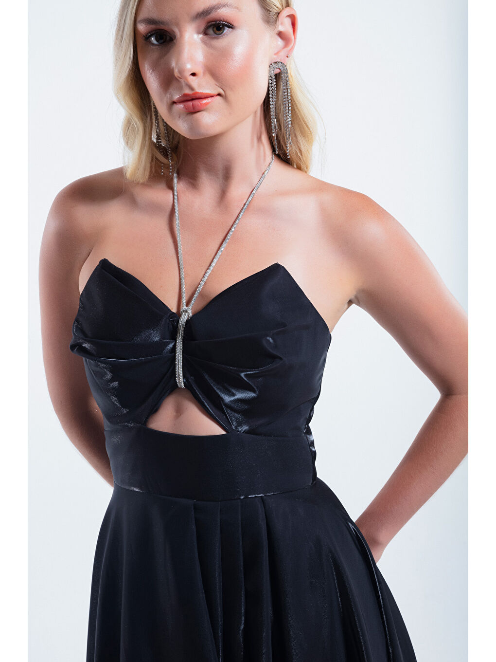 Kadın Siyah Taş Askılı Uzun Abiye Elbise-3