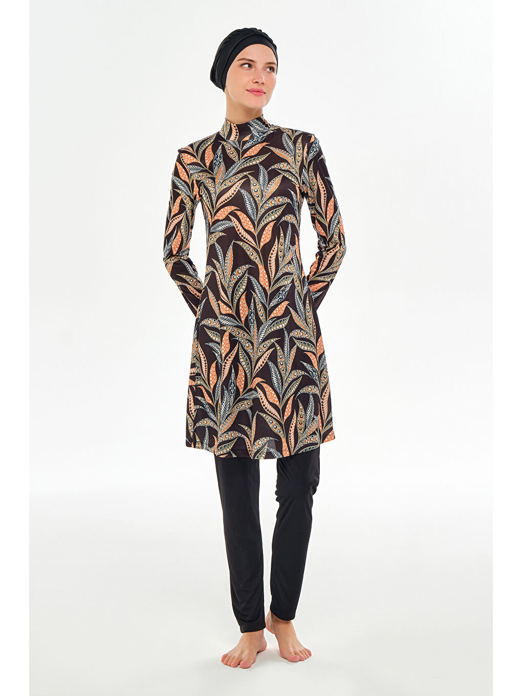 Elastanlı Tam Kapalı Tesettür Mayo Desenli 3105 Siyah-1