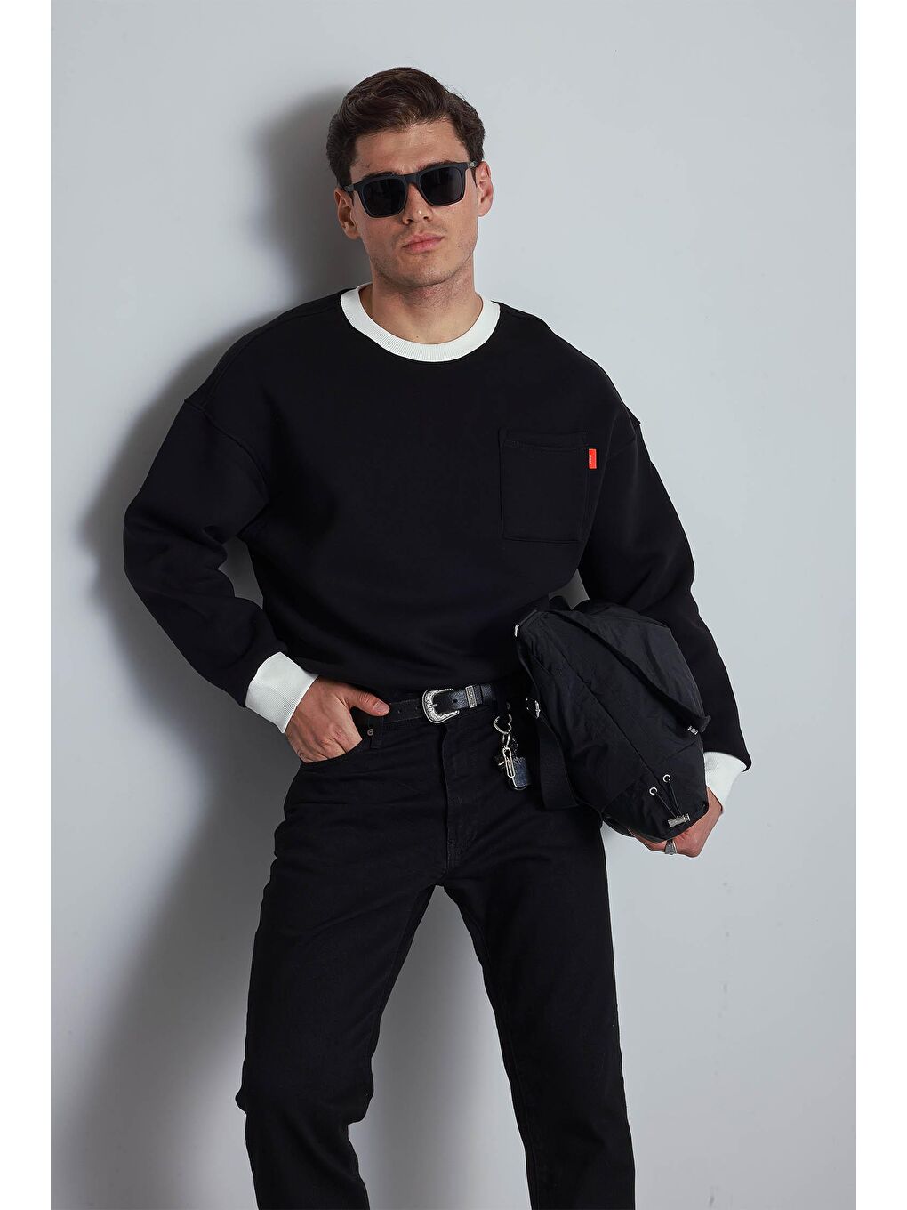Erkek Oversize Kontrast Detaylı Sweatshirt Siyah