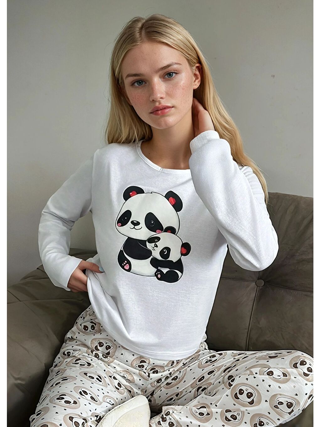 Beyaz Uzun Kollu Panda Baskılı Pijama Takım