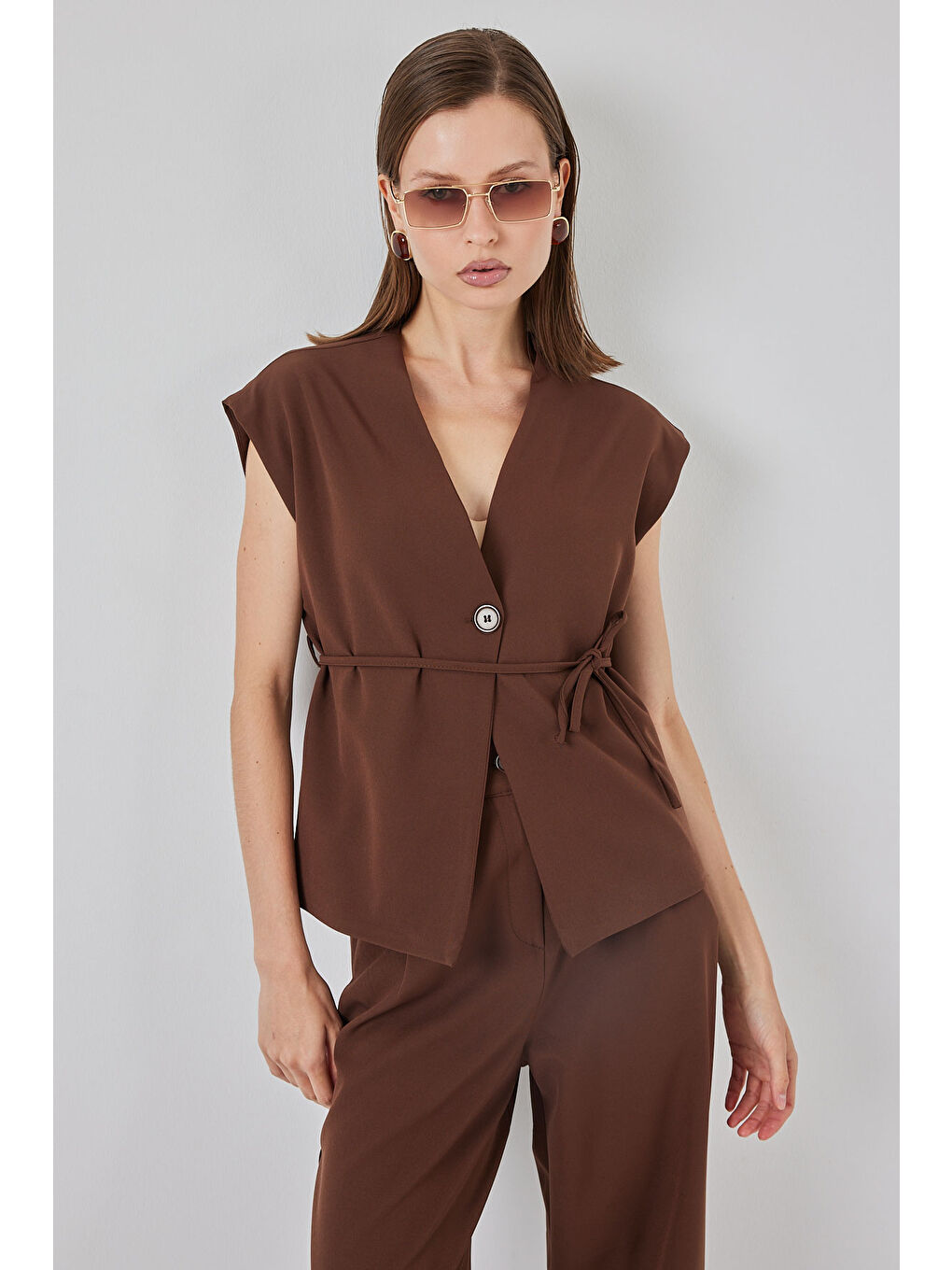 Kadın Yelek Pantolon Kumaş Takım 30050 - Kahverengi-1