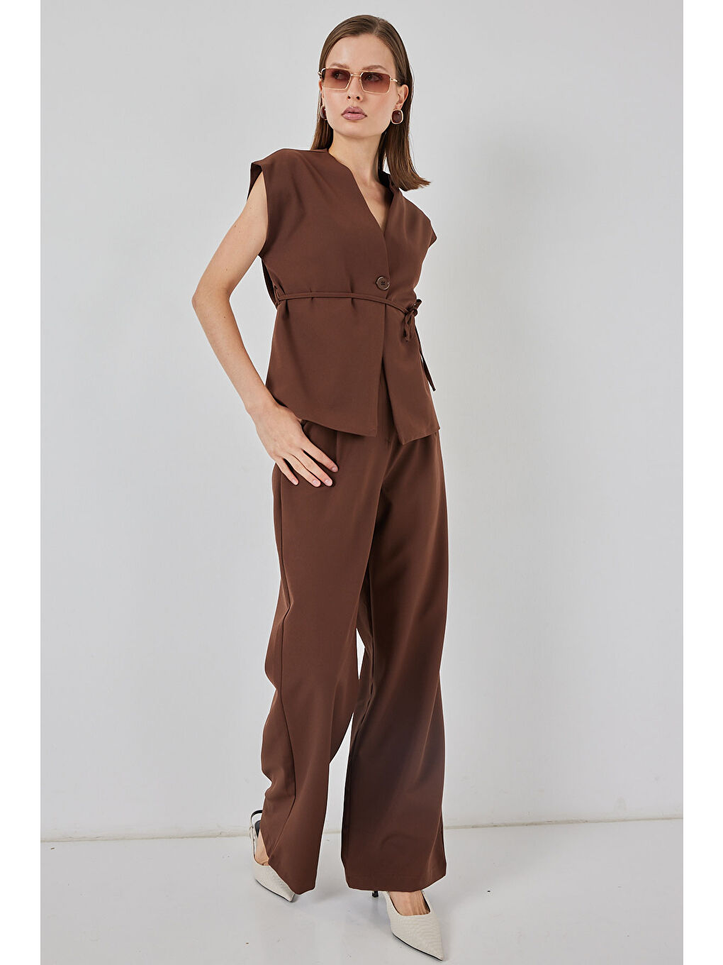 Kadın Yelek Pantolon Kumaş Takım 30050 - Kahverengi-2