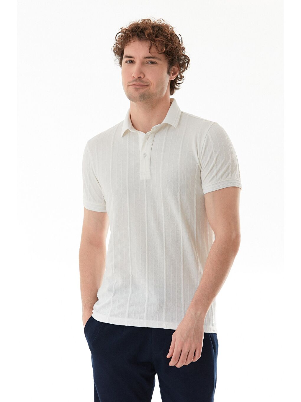 Beyaz Şeritli Polo Yaka Slim Fit Tişört