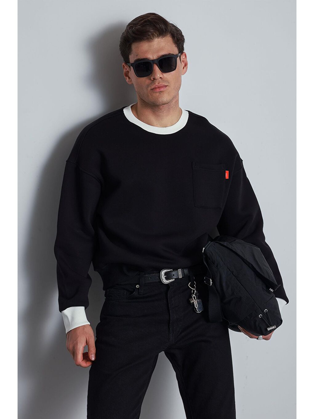 Erkek Oversize Kontrast Detaylı Sweatshirt Siyah-2