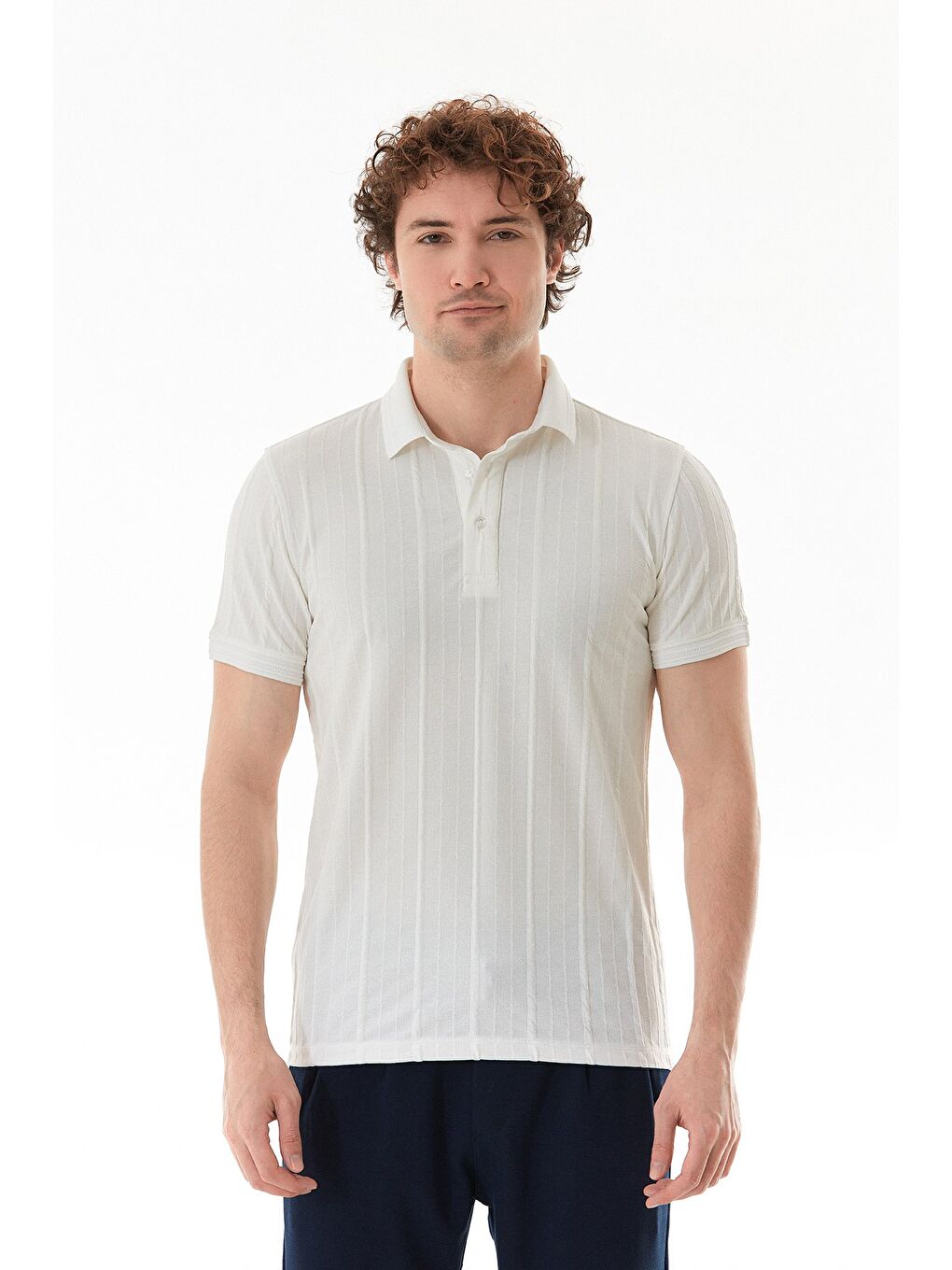 Beyaz Şeritli Polo Yaka Slim Fit Tişört-1