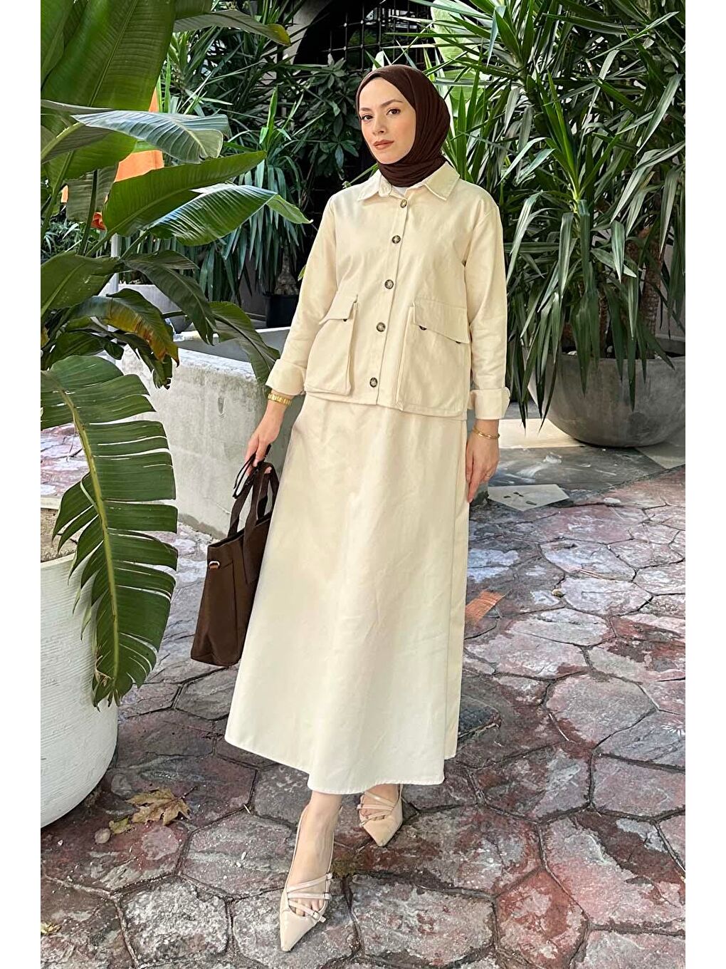 Ekru Cep Detaylı İkili Etek Tesettür Takım Krem