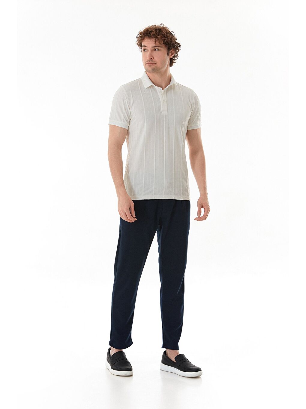 Beyaz Şeritli Polo Yaka Slim Fit Tişört-2