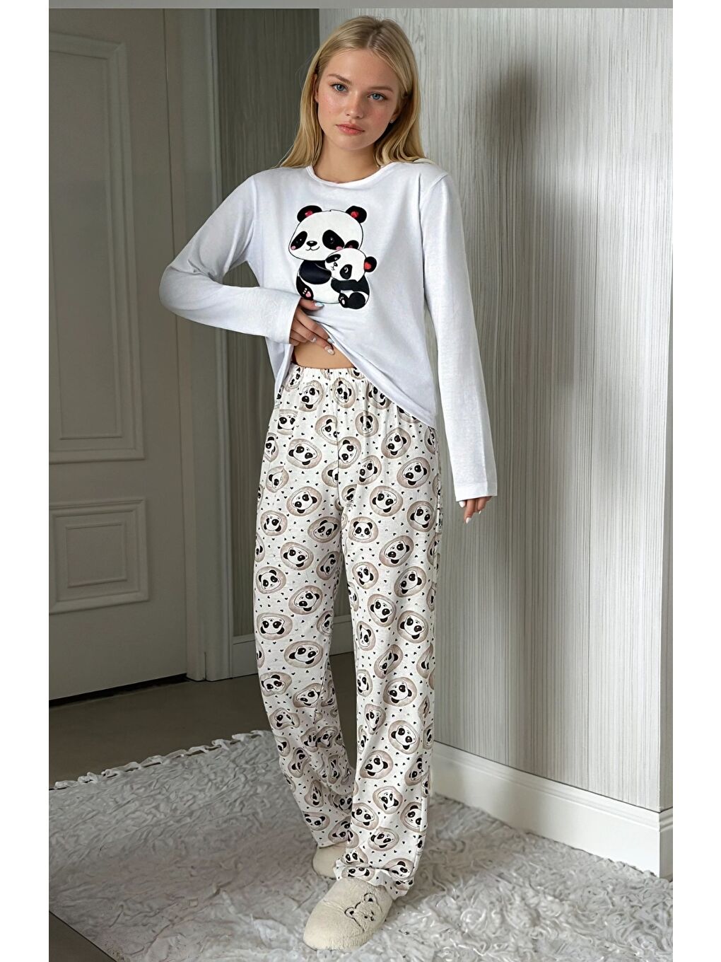 Beyaz Uzun Kollu Panda Baskılı Pijama Takım-1