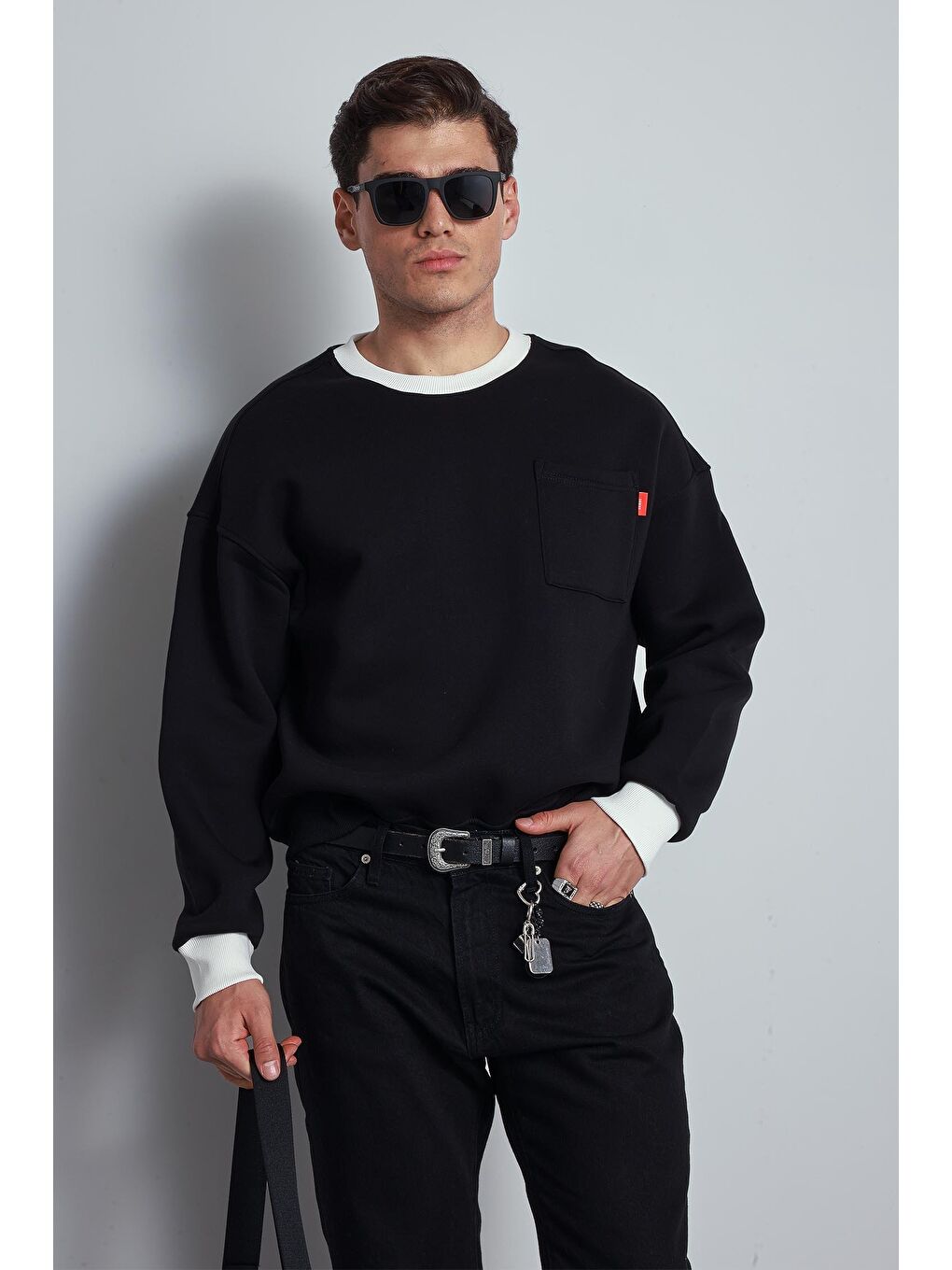 Erkek Oversize Kontrast Detaylı Sweatshirt Siyah-3