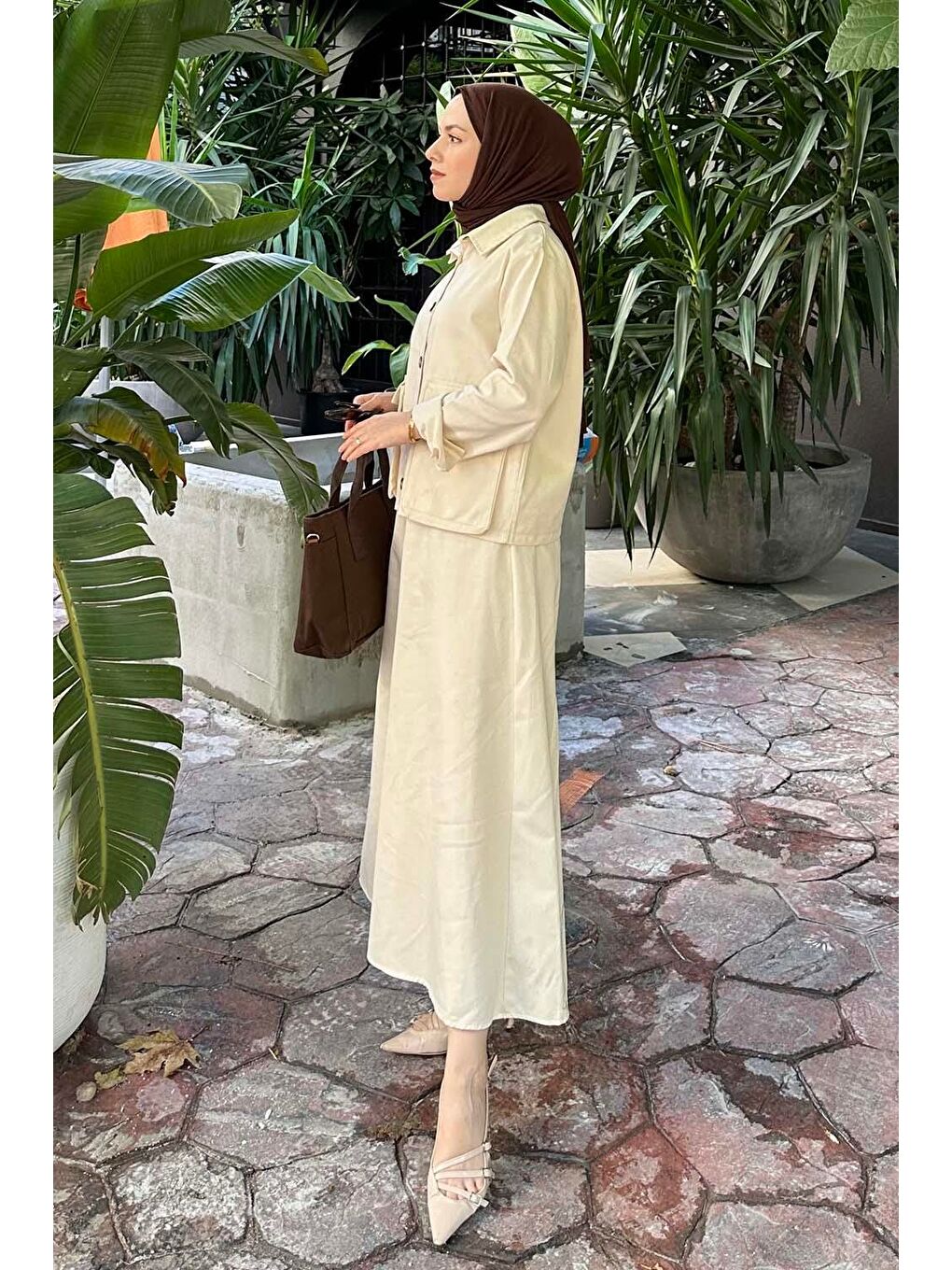 Ekru Cep Detaylı İkili Etek Tesettür Takım Krem-1