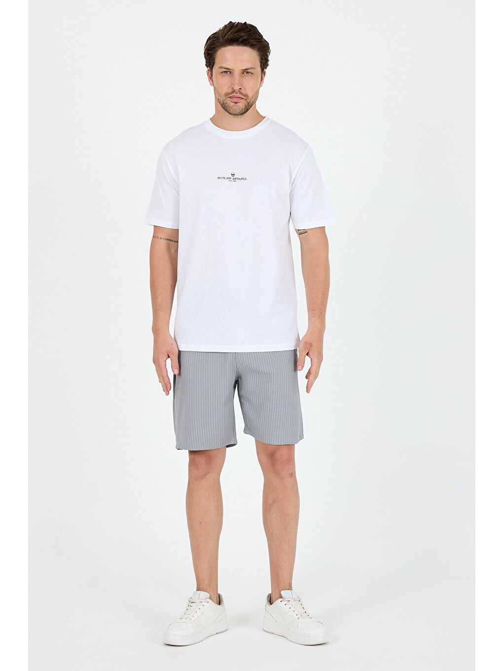 Beyaz Bisiklet Yaka Baskılı Penye Erkek %100 Pamuk Tişört