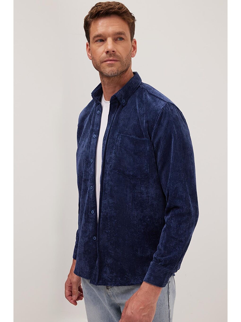 Erkek Regular Fit Rahat Kesim Fitilli Kadife Görünüm Düğmeli Yaka İndigo Ceket Gömlek
