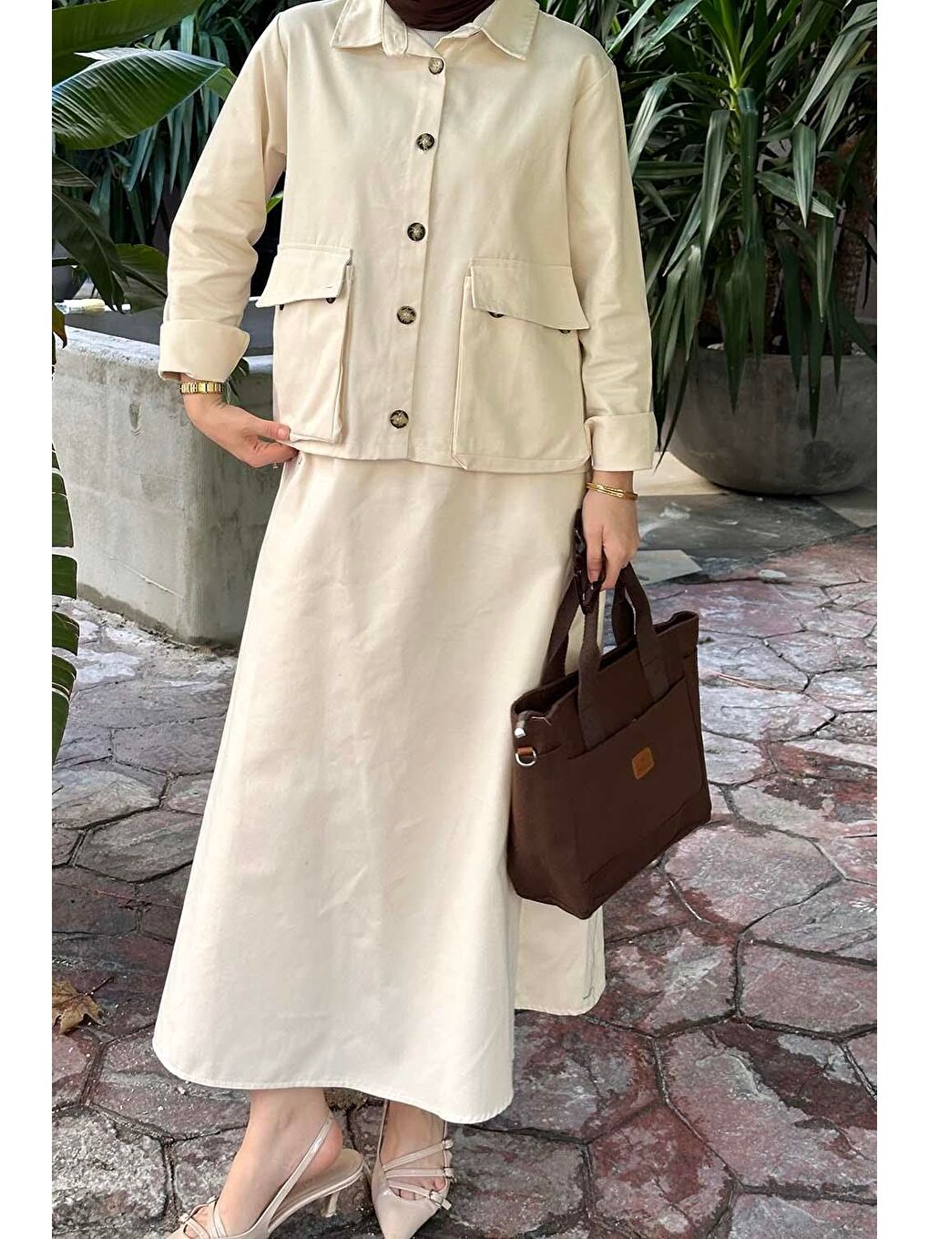 Ekru Cep Detaylı İkili Etek Tesettür Takım Krem-2