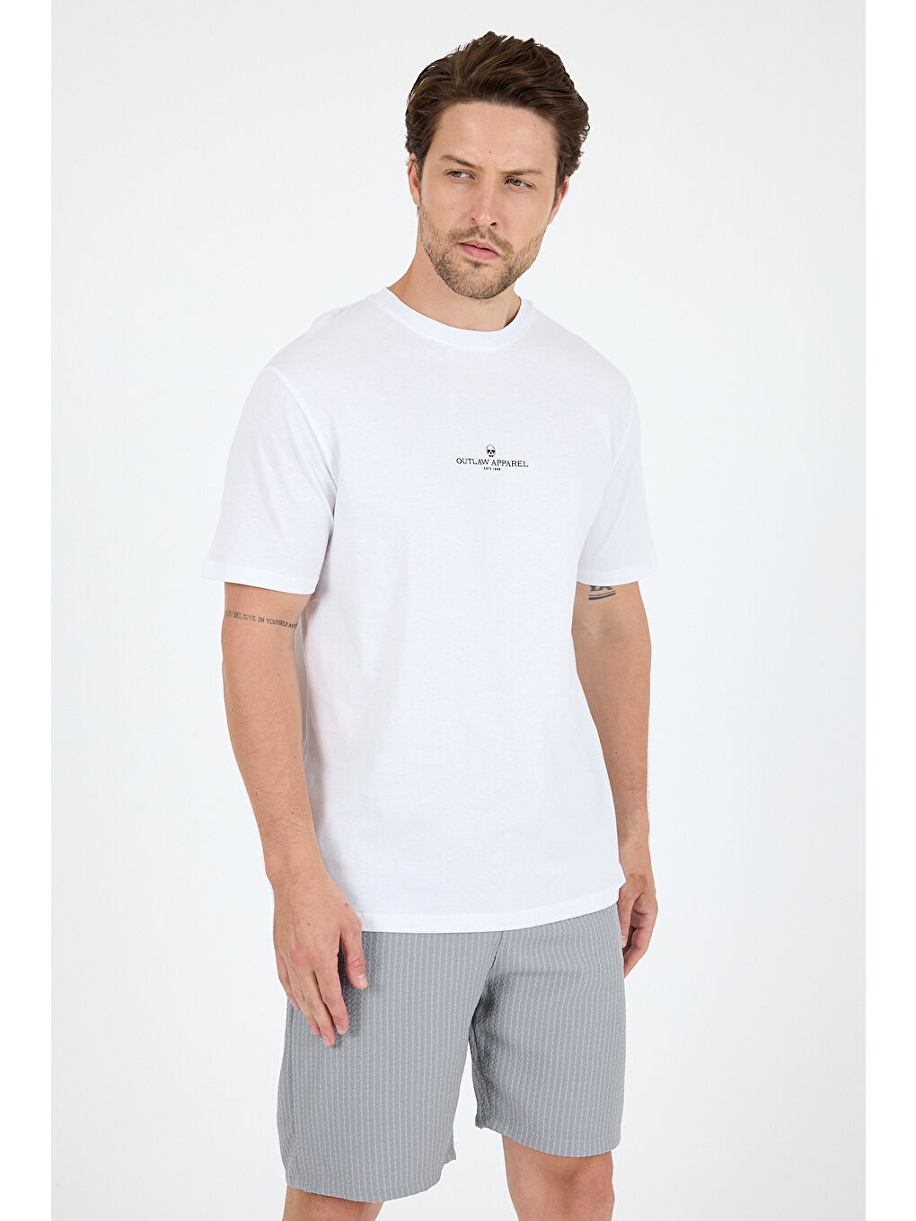 Beyaz Bisiklet Yaka Baskılı Penye Erkek %100 Pamuk Tişört-2