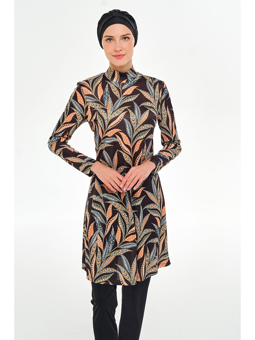 Elastanlı Tam Kapalı Tesettür Mayo Desenli 3105 Siyah-2