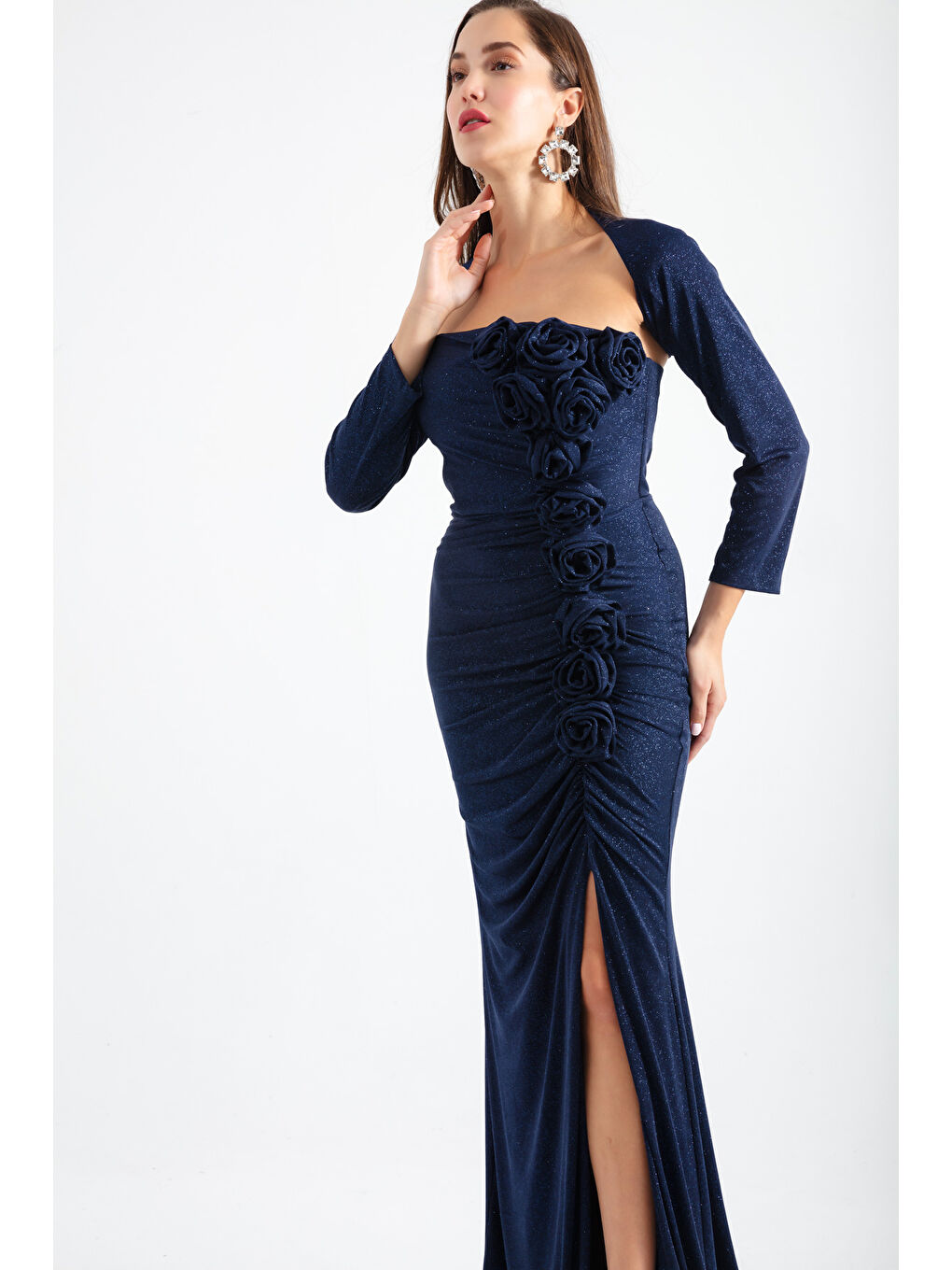 Kadın Lacivert Yaka Detaylı Simli Uzun Abiye Elbise-1