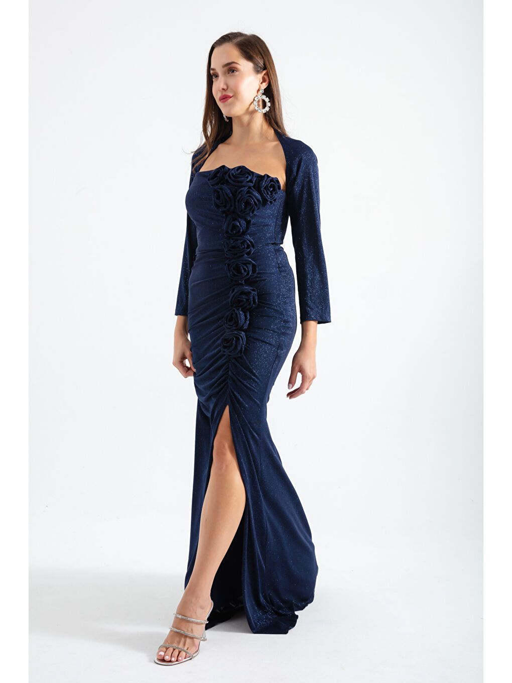 Kadın Lacivert Yaka Detaylı Simli Uzun Abiye Elbise-2