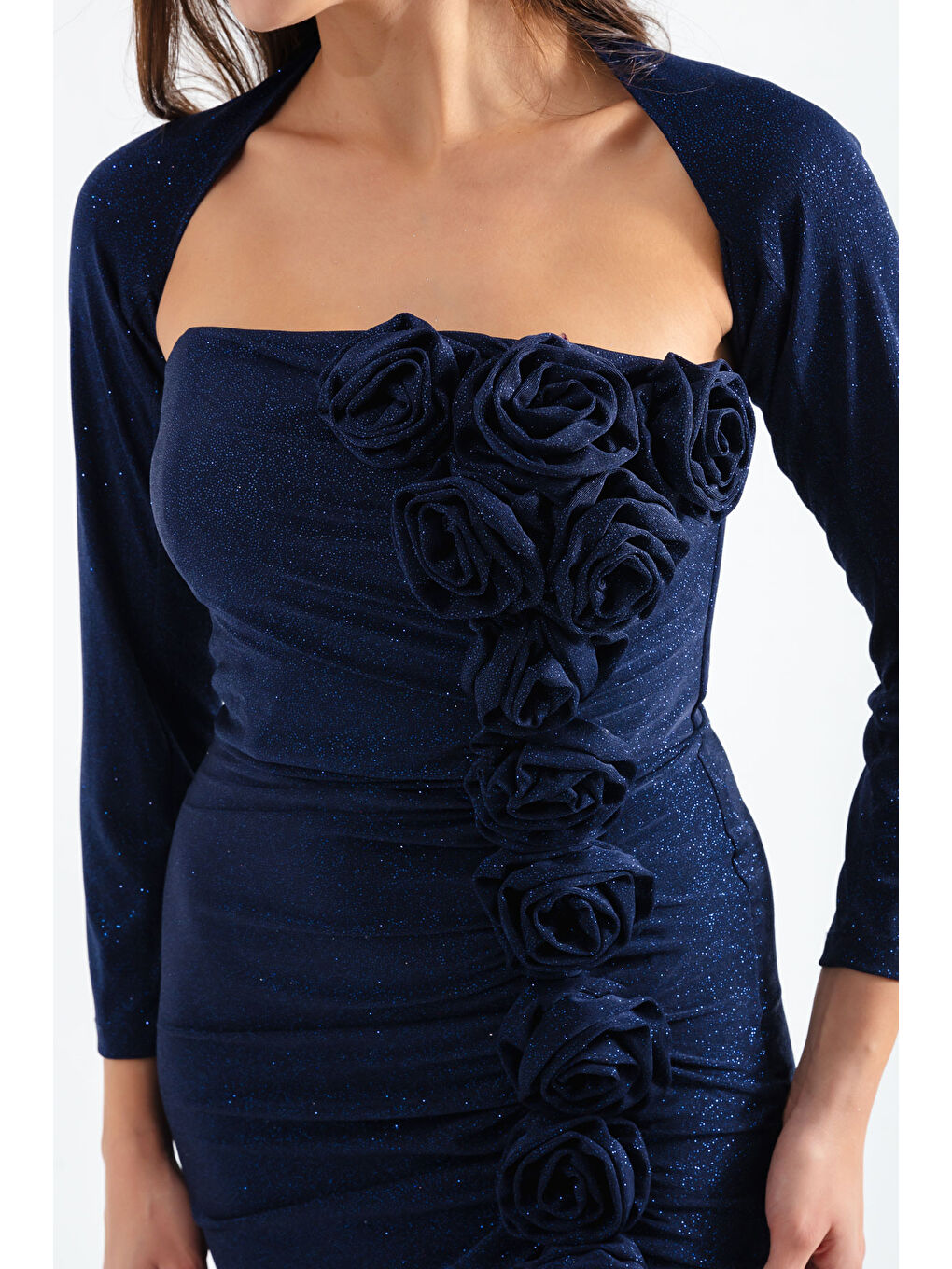 Kadın Lacivert Yaka Detaylı Simli Uzun Abiye Elbise-3