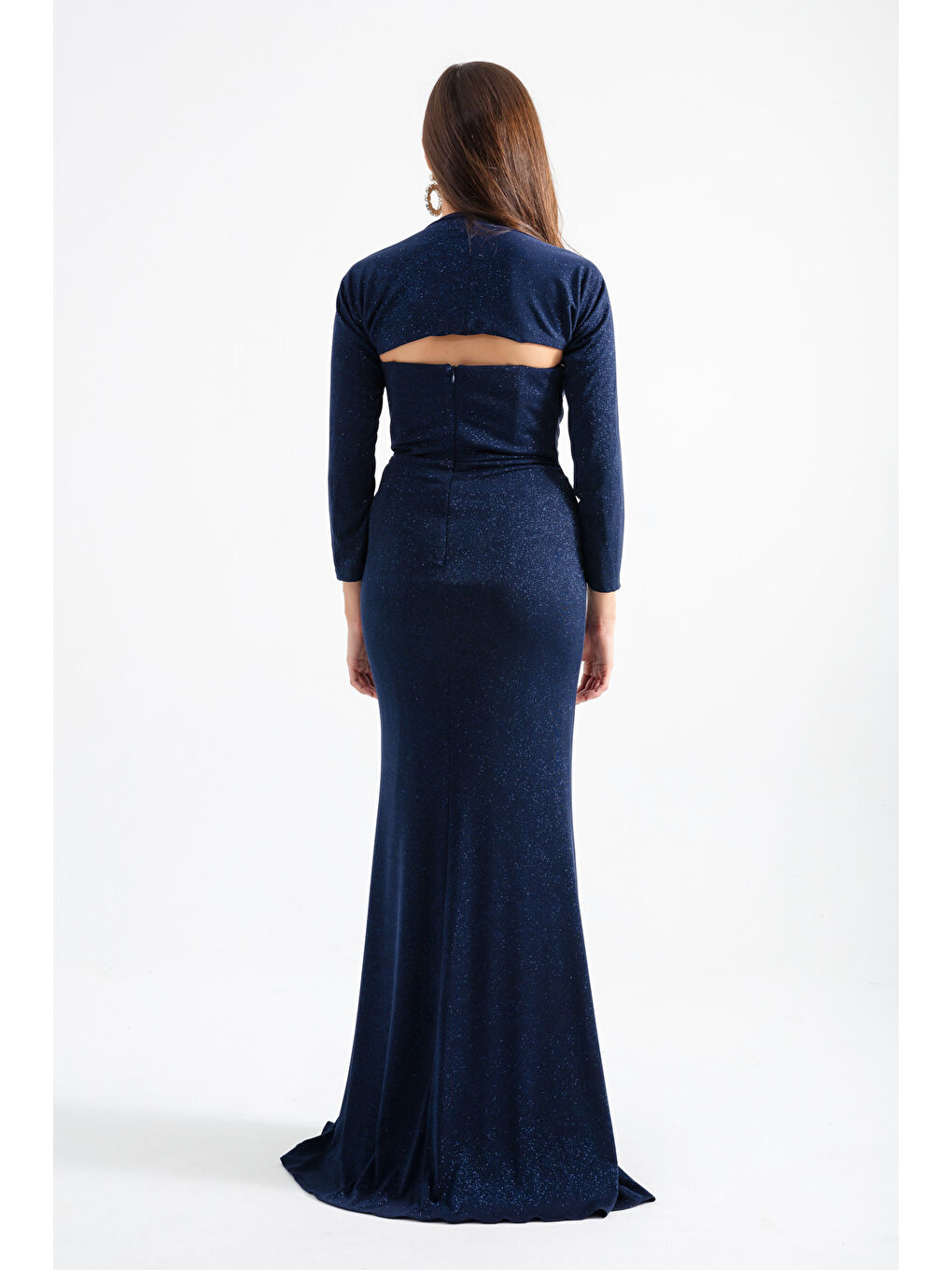 Kadın Lacivert Yaka Detaylı Simli Uzun Abiye Elbise-4