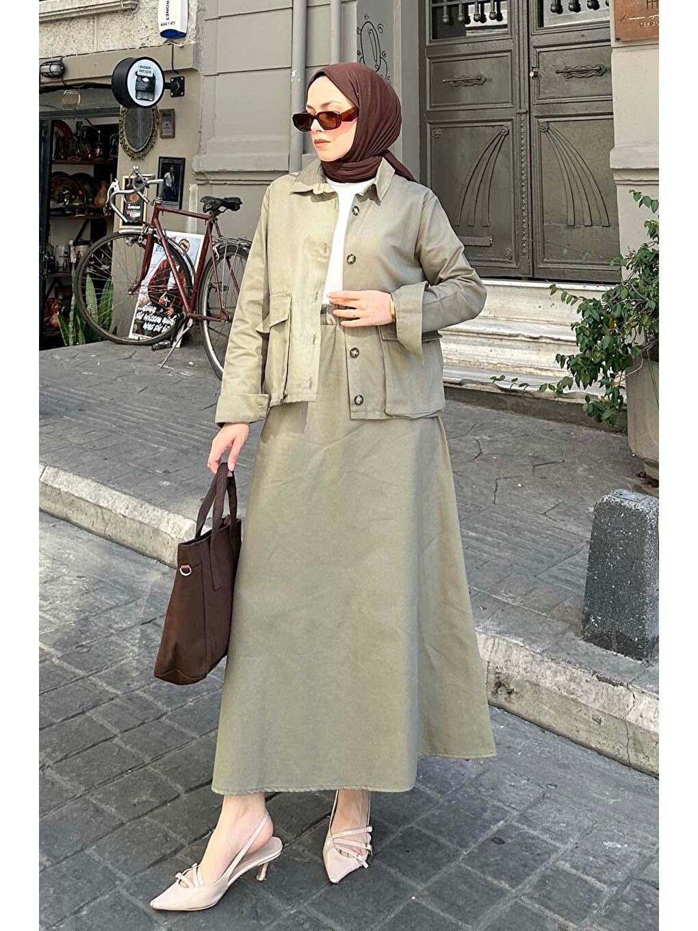 Cep Detaylı İkili Etek Tesettür Takım Haki