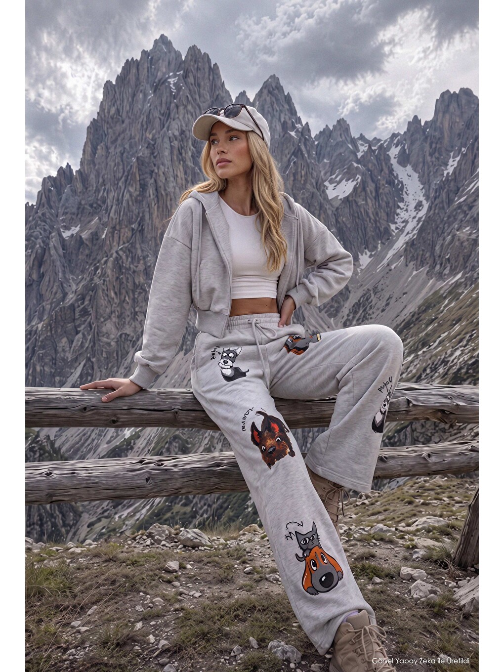 Kadın Gri W6-12 Sweatshirt Eşofman Pantolon 2'li Tasarım Takım-1