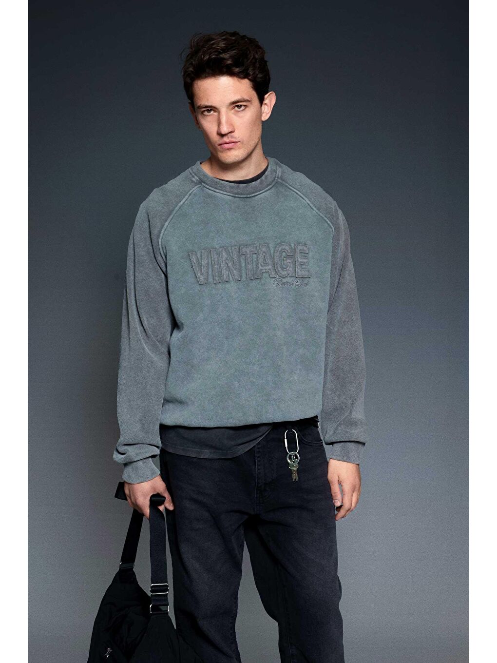 Erkek Oversize Yıkamalı Vintage Nakış Detaylı Sweatshirt Antrasit