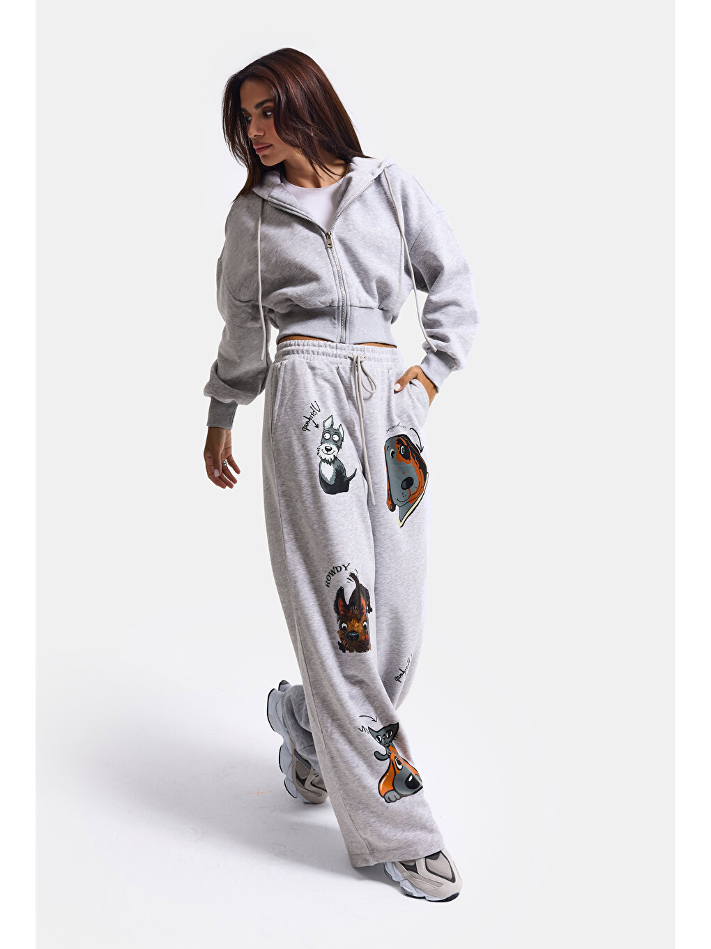 Kadın Gri W6-12 Sweatshirt Eşofman Pantolon 2'li Tasarım Takım-2