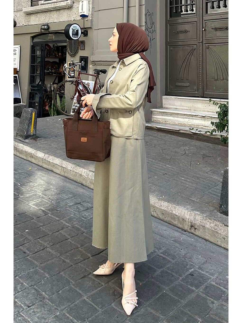 Cep Detaylı İkili Etek Tesettür Takım Haki-1