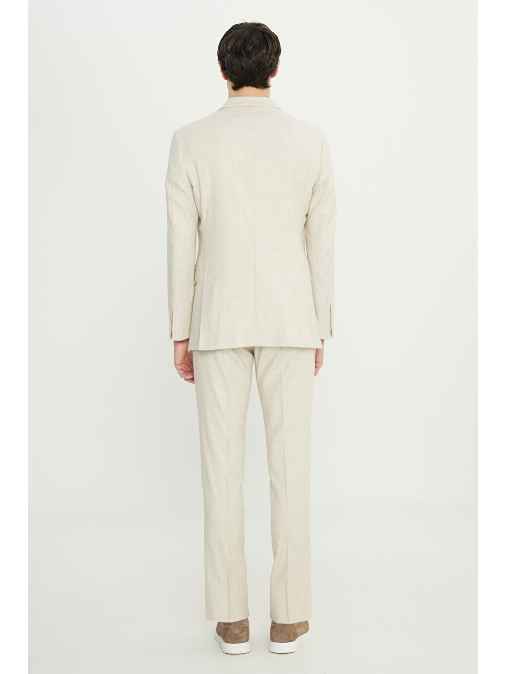 Erkek Bej Keten Slim Fit Dar Kesim Kırlangıç Yaka Desenli Torba Cepli Kruvaze Takım Elbise-6