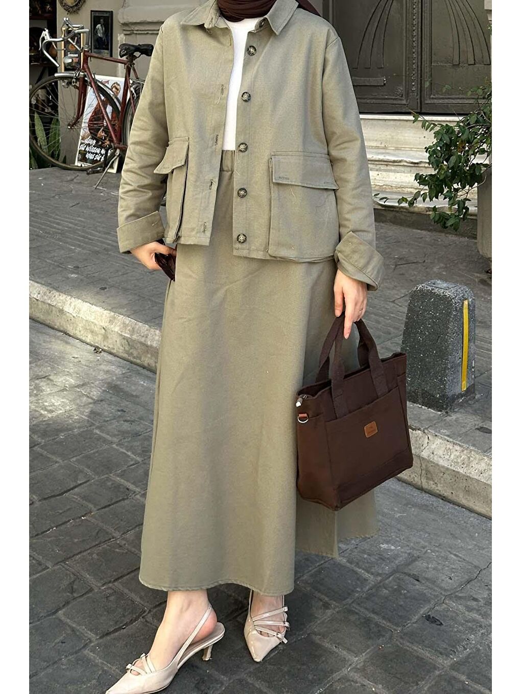 Cep Detaylı İkili Etek Tesettür Takım Haki-2