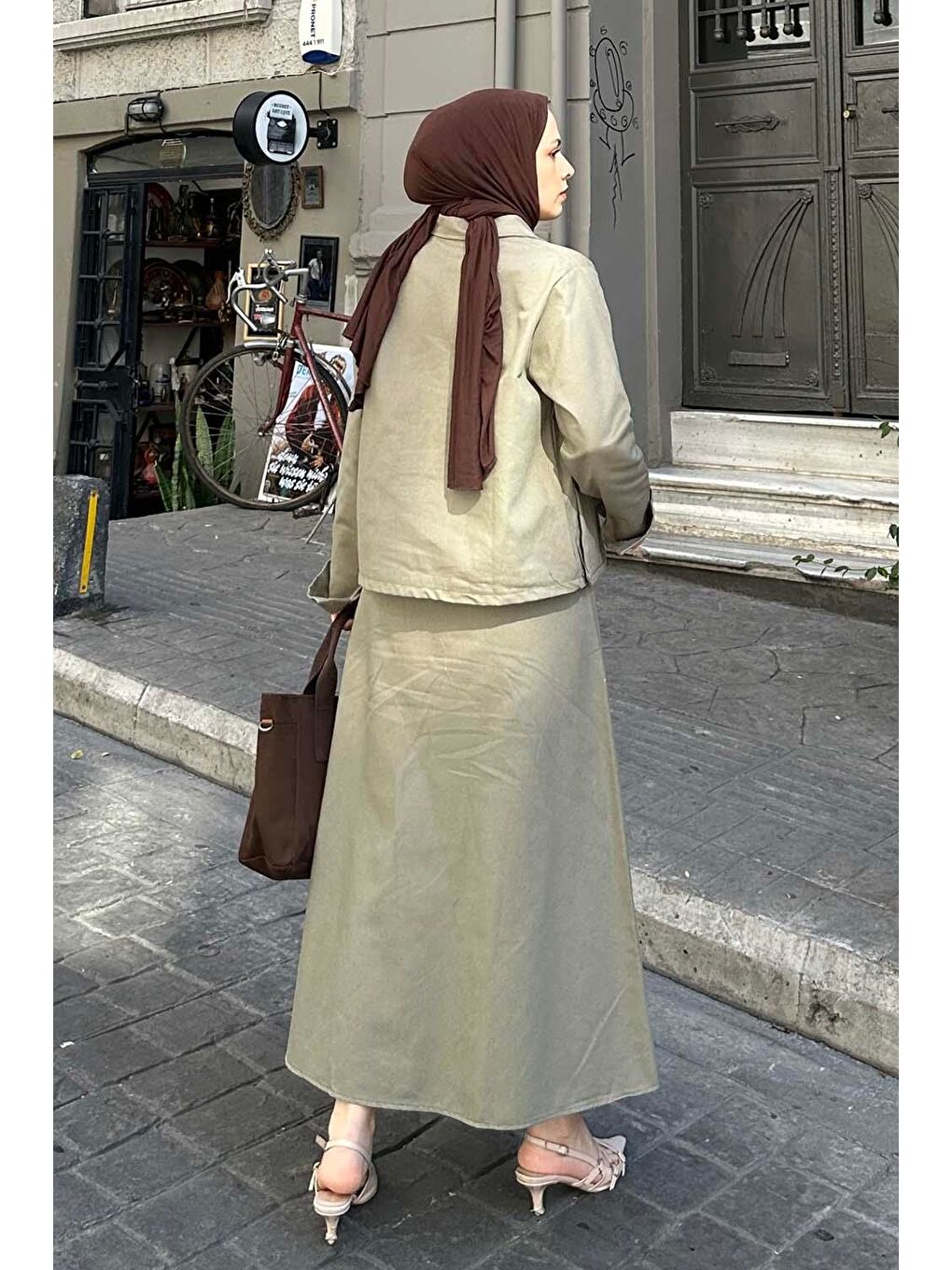 Cep Detaylı İkili Etek Tesettür Takım Haki-3