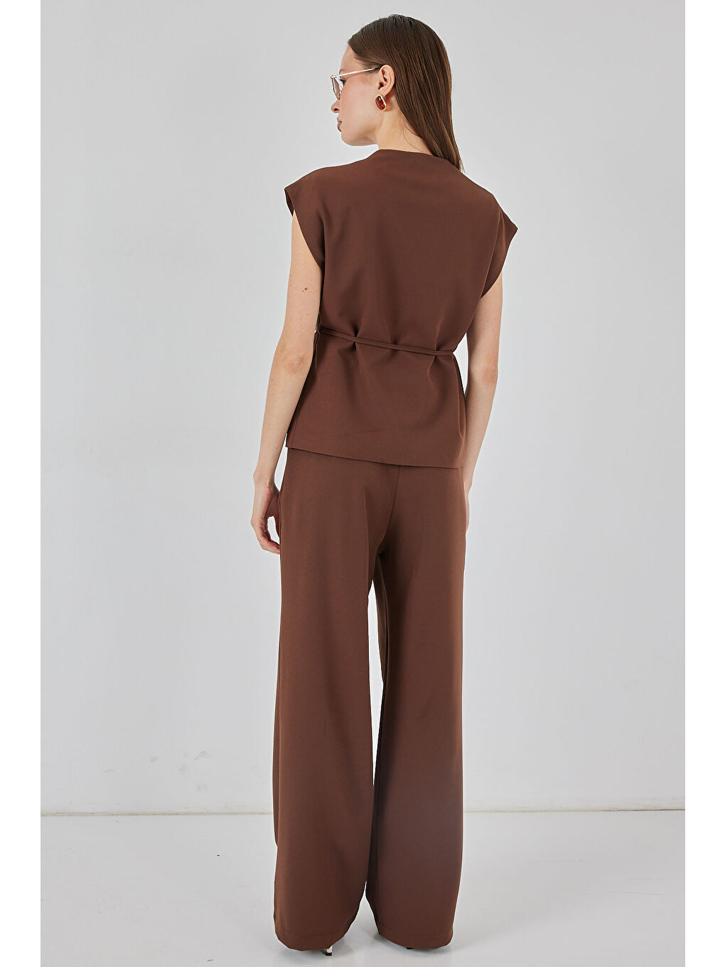 Kadın Yelek Pantolon Kumaş Takım 30050 - Kahverengi-5