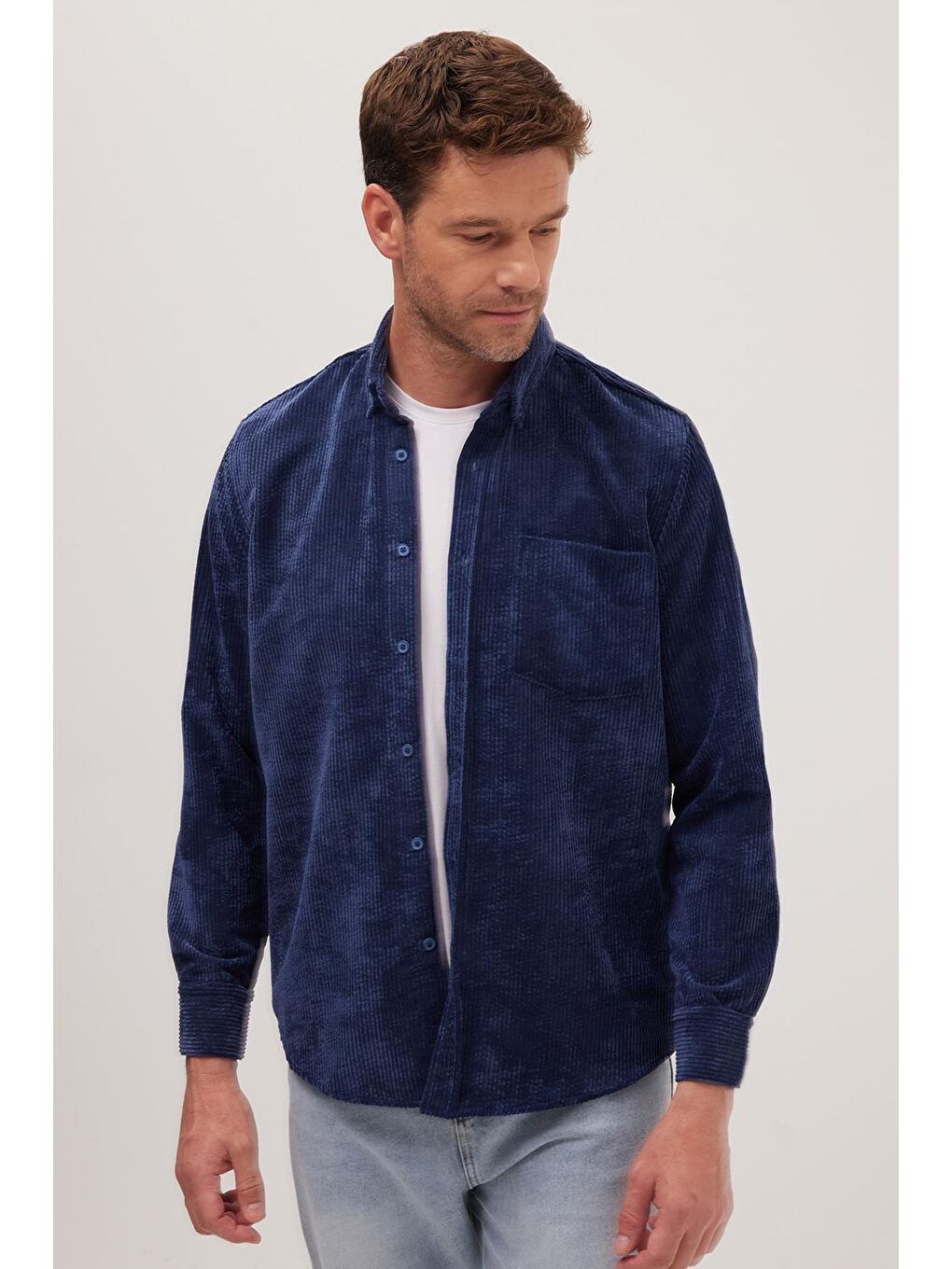 Erkek Regular Fit Rahat Kesim Fitilli Kadife Görünüm Düğmeli Yaka İndigo Ceket Gömlek-3