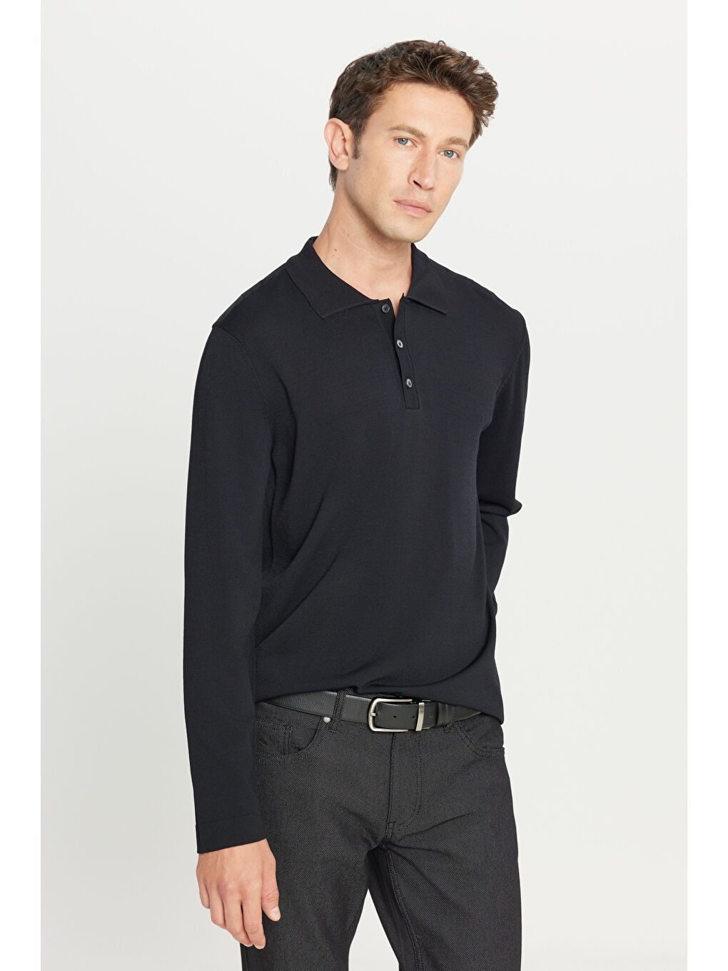 Erkek Siyah Standart Fit Normal Kesim Polo Yaka Basic Triko Kazak-2