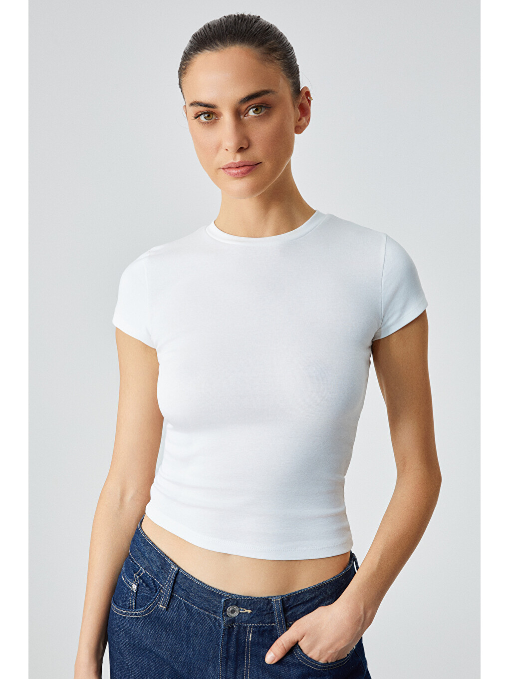 Beyaz HOPEWELL Kadın Yuvarlak Yaka Örme Slim Fit BEYAZ T-Shirt-2