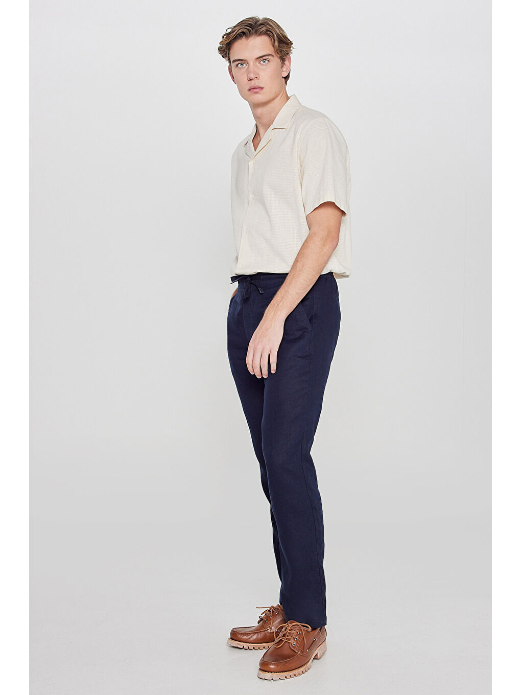 Lacivert %100 Keten Regular Fit Cepli Pantolon