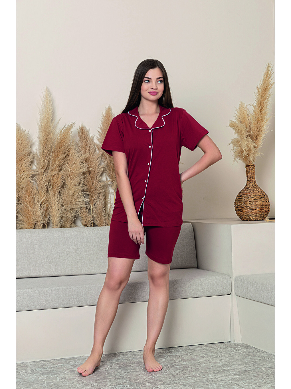 Bordo Kadın %100 Organik Pamuk Doğal Gömlek Yaka Düğmeli Kısa Kollu Biyeli Şortlu Pijama Takımı-2