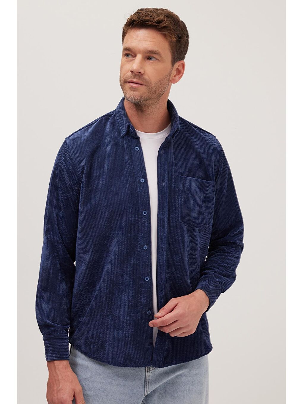 Erkek Regular Fit Rahat Kesim Fitilli Kadife Görünüm Düğmeli Yaka İndigo Ceket Gömlek-4