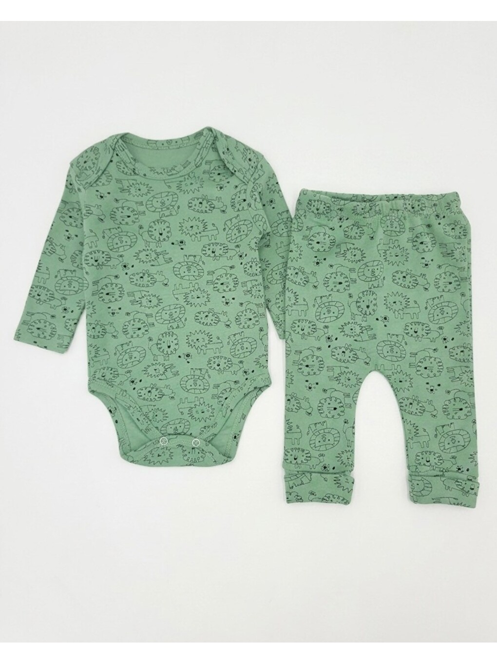 Yeşil %100 Pamuk 0-3-6-9-12 Aylık Aslan Baskılı Çıtçıtlı Bodyli Pantalonlu 2'li Fitilli İnce Takım-2