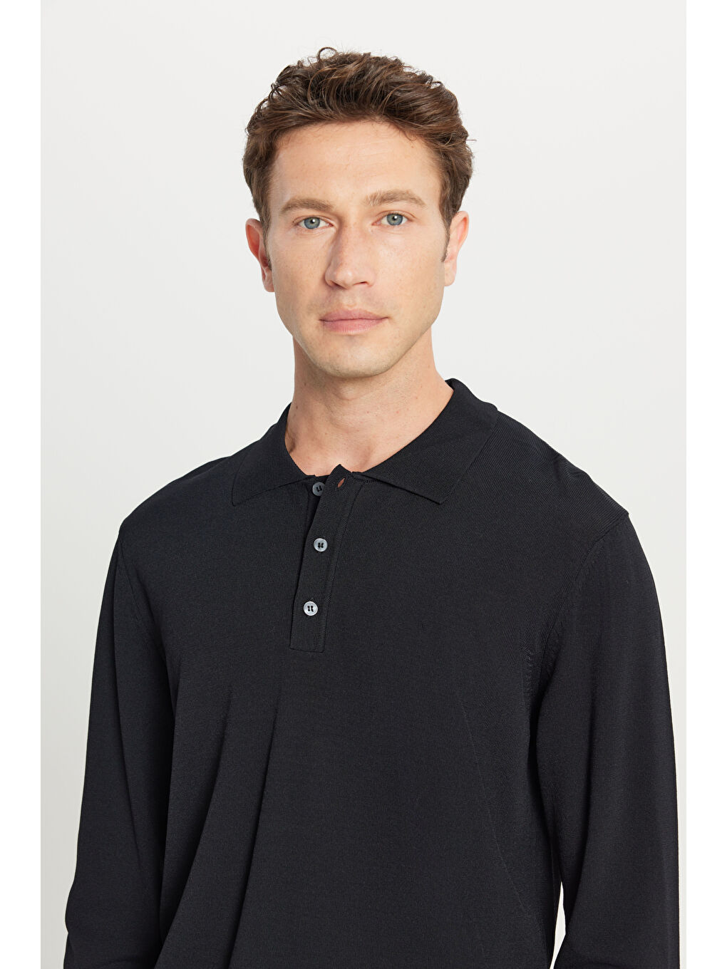 Erkek Siyah Standart Fit Normal Kesim Polo Yaka Basic Triko Kazak-3
