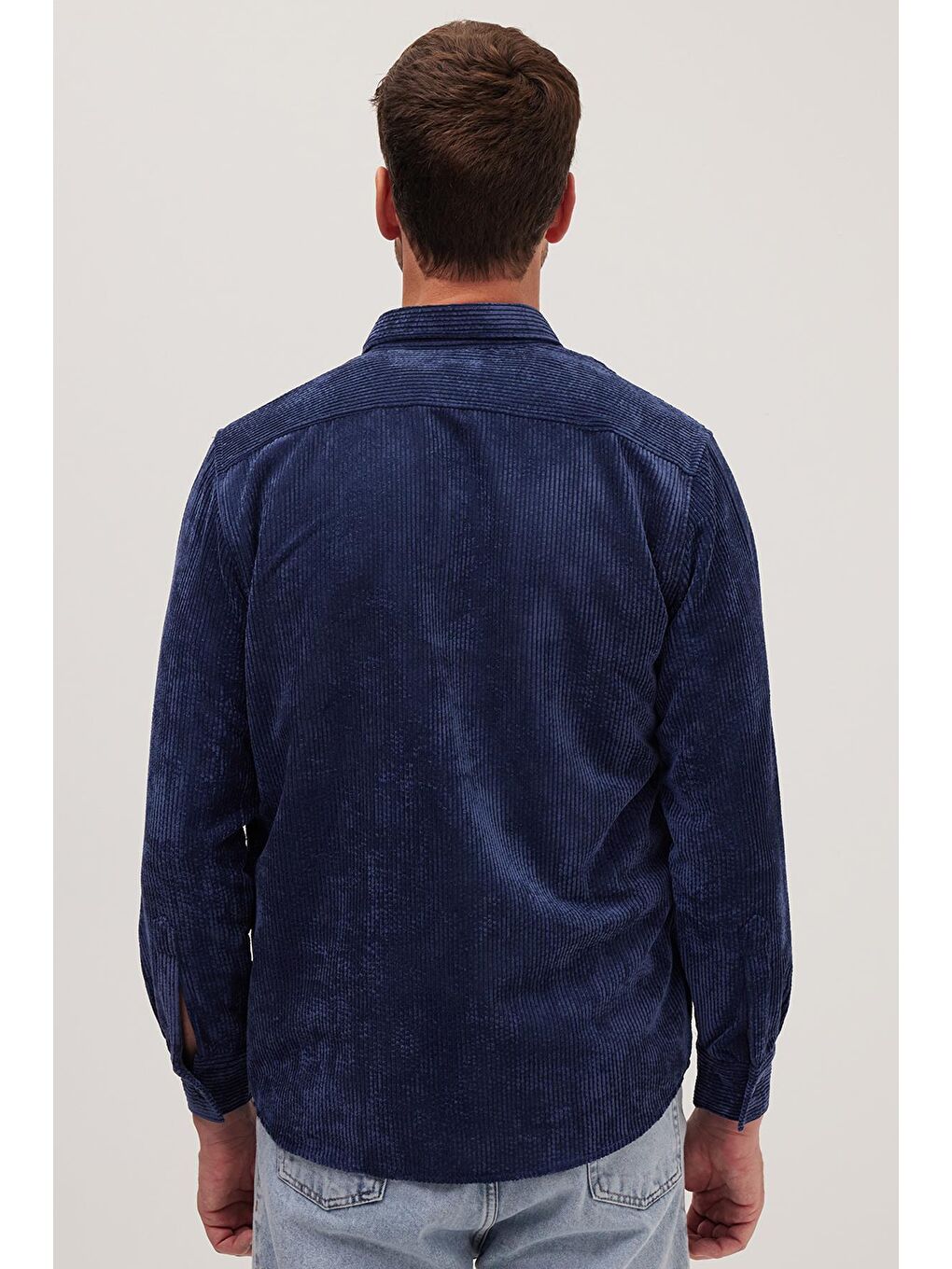Erkek Regular Fit Rahat Kesim Fitilli Kadife Görünüm Düğmeli Yaka İndigo Ceket Gömlek-6