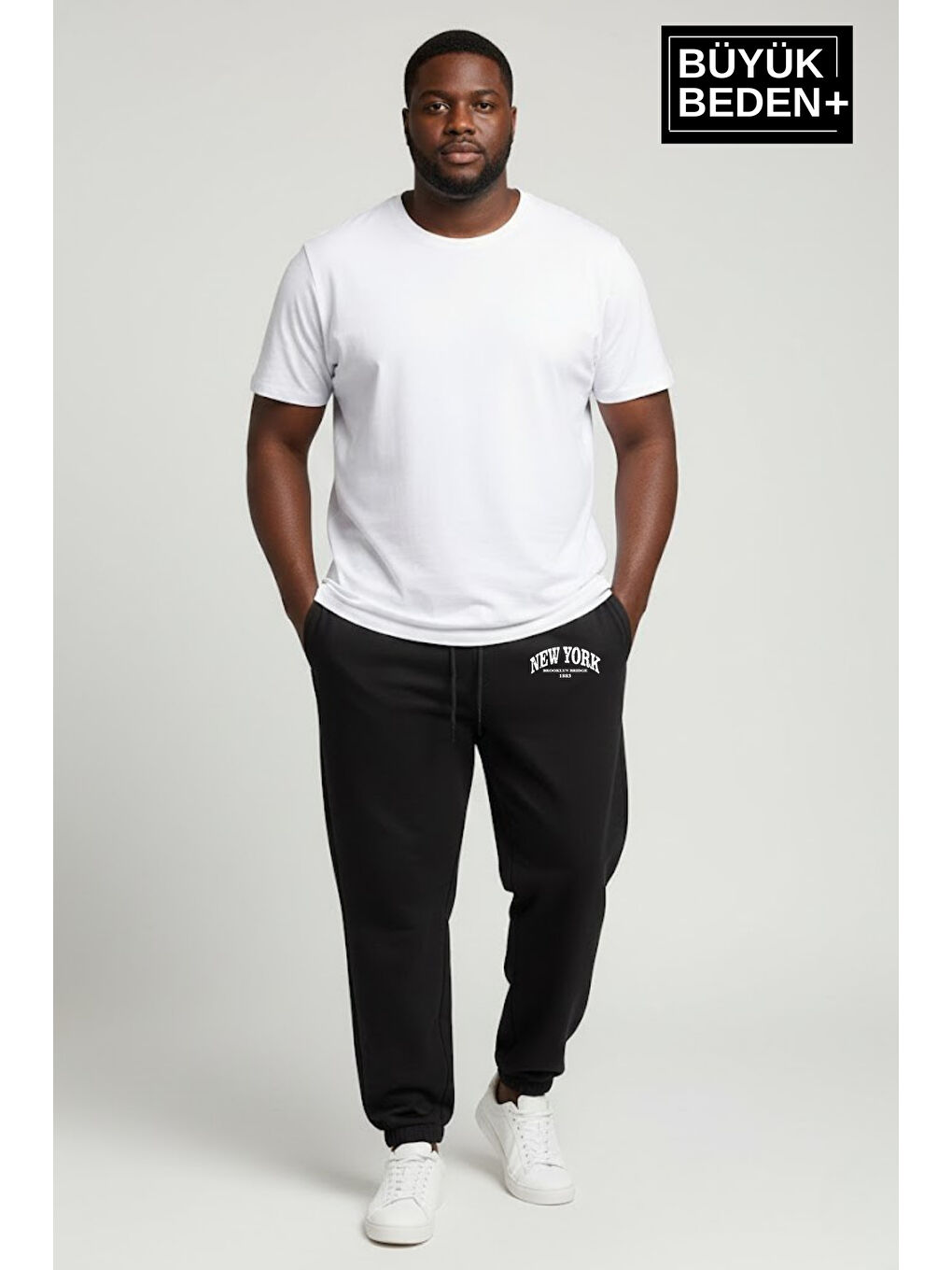 Siyah Erkek Büyük Beden New York Baskılı Paça Lastikli Rahat Kesim Jogger İnce Eşofman Altı SPR26BEA951-5