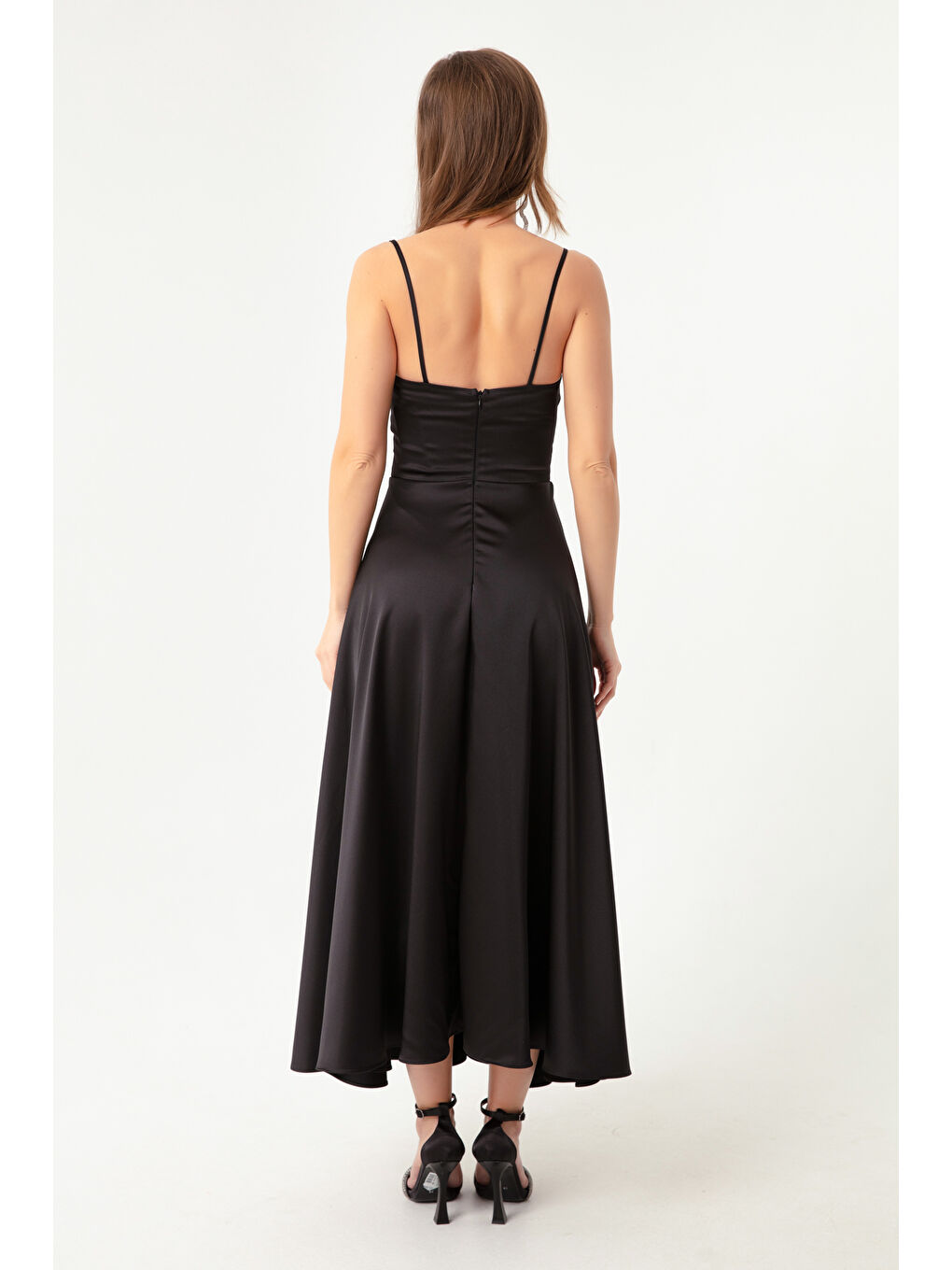 Kadın Siyah İp Askılı Bel Kemerli Saten Midi Abiye & Mezuniyet Elbisesi-4