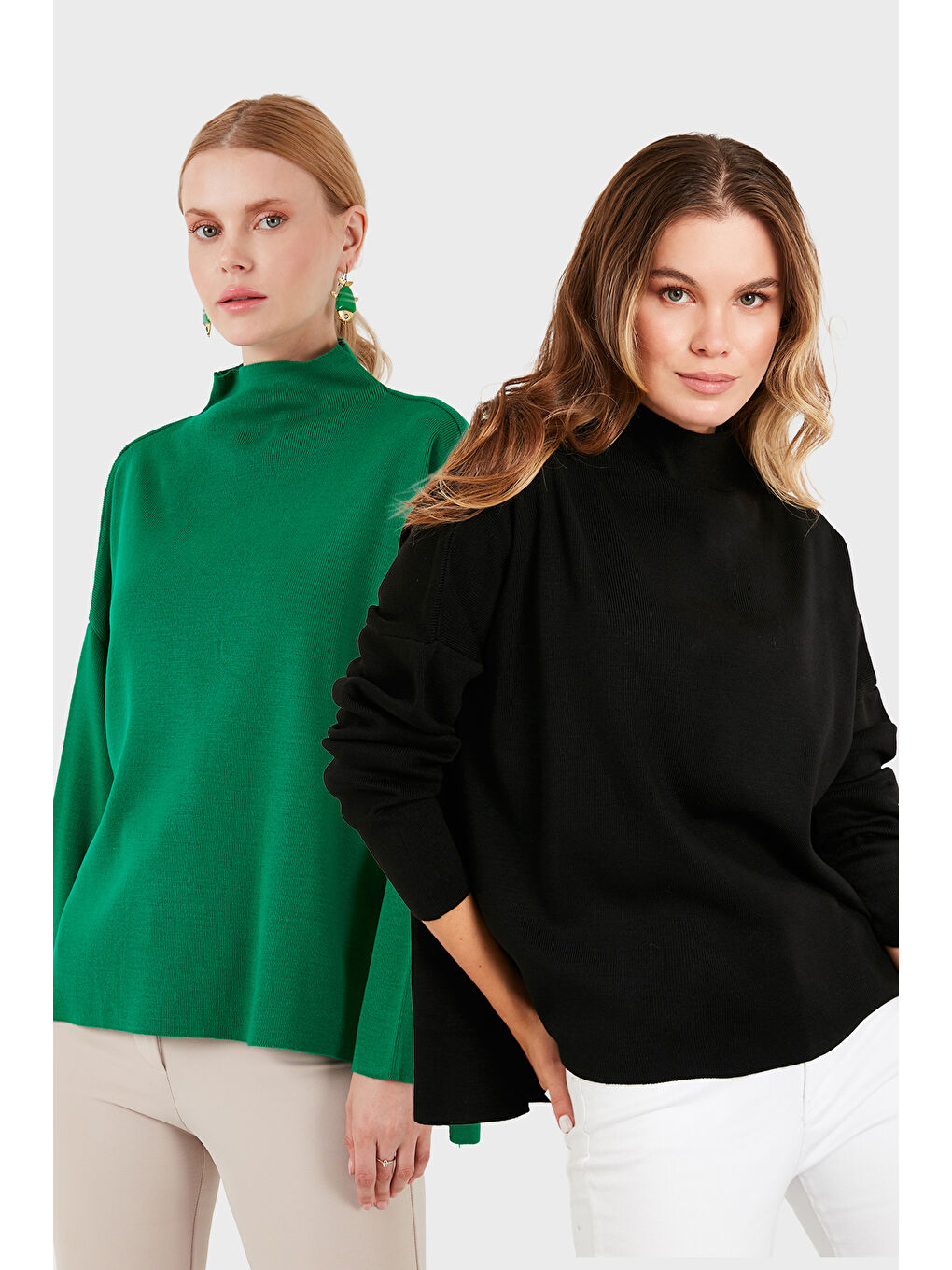 Yeşil Pamuklu Arkası Uzun Dik Yaka 2'li Paket Triko Kazak 4615002S2