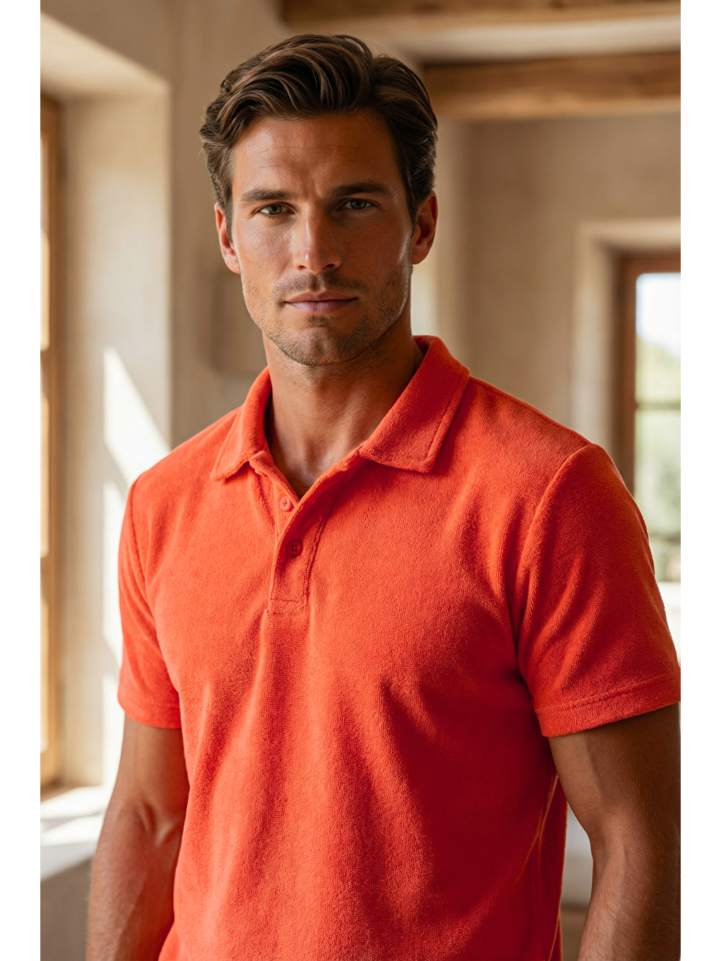 Erkek Polo Yaka Havlu T-Shirt Mercan-1