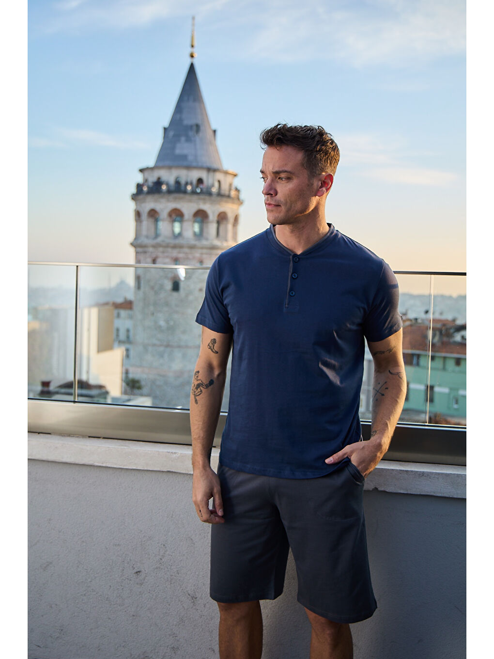 Lacivert Erkek %100 Organik Pamuk Doğal Kısa Kollu Şortlu Yüksek Kaliteli Pijama Takımı-1